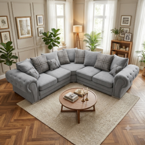 Verona Plush Velvet Corner Sofa – Grey Fabric Chesterfield Style L-Shape Settee with Scatter Cushions