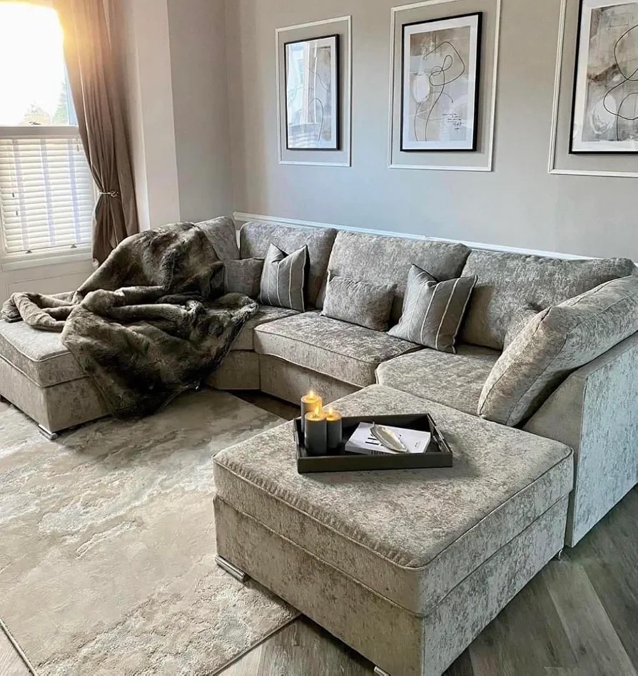 Luxury Grey Crushed Velvet U-Shape Sofa