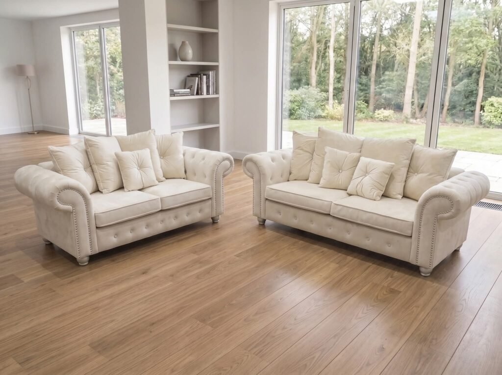 Nicole 3+2 Chesterfield Sofa Set in Soft Fabric with Studded Detail