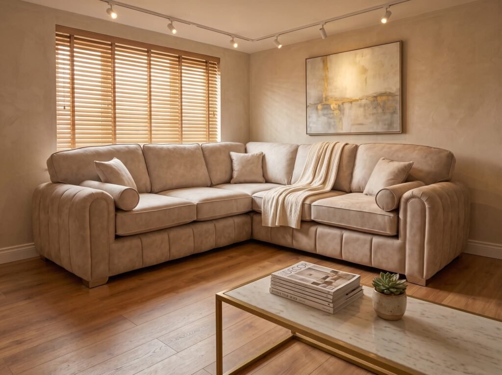 Lilly Corner Sofa – Luxury Plush Fabric with Bolster Cushions