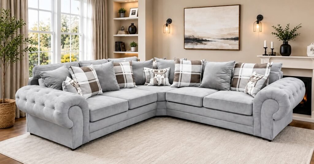 Verona Corner Sofa – Luxury Light Grey Fabric Sofa with Deep Seating