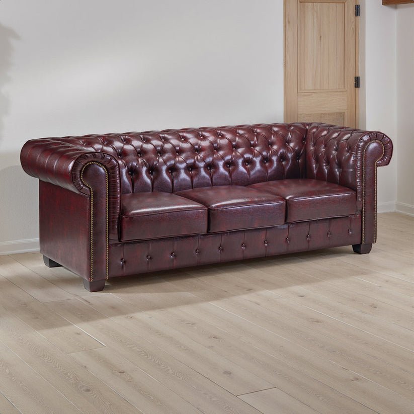 Classic Oxblood Antique Leather 3-Seater Chesterfield Sofa