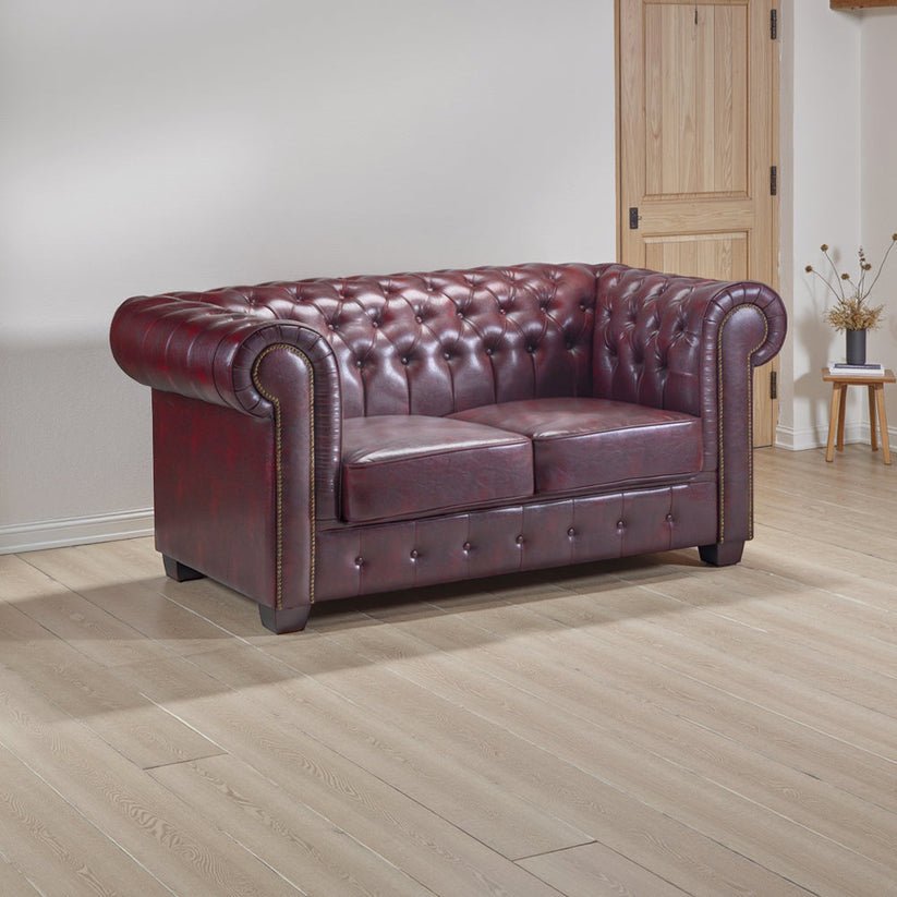 Classic Oxblood Antique Leather 2-Seater Chesterfield Sofa